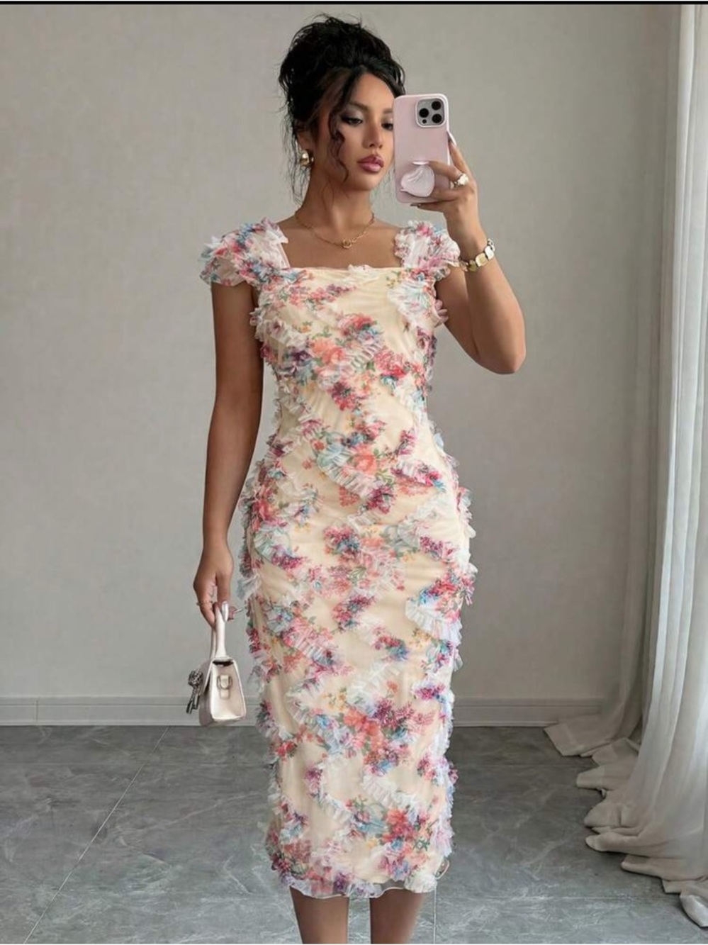 Floral Embroidered Ivory Midi Dress